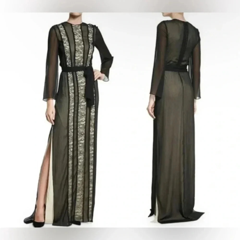 Alice + Olivia Sheer Black and Cream Lace Maxi Dress